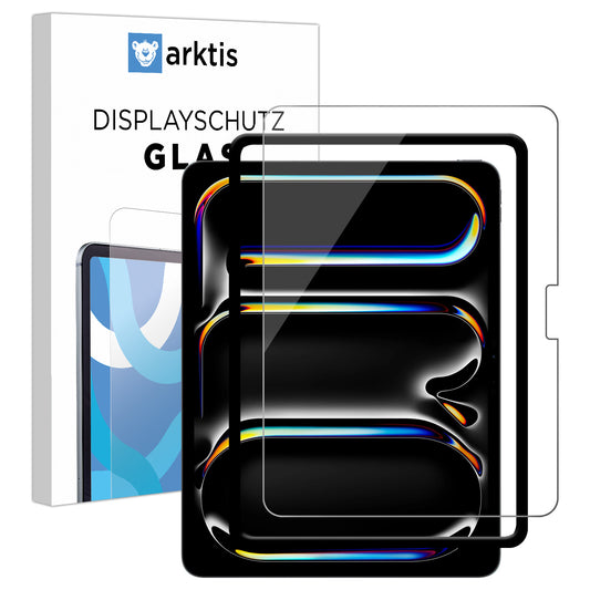 Displayschutzfolie aus gehärtetem Glas für das iPad Pro 13" (2024/2025) von arktis, mit der Verpackungsaufschrift "arktis Displayschutz GLAS" und dem oleophoben Glas ArktisPRO.