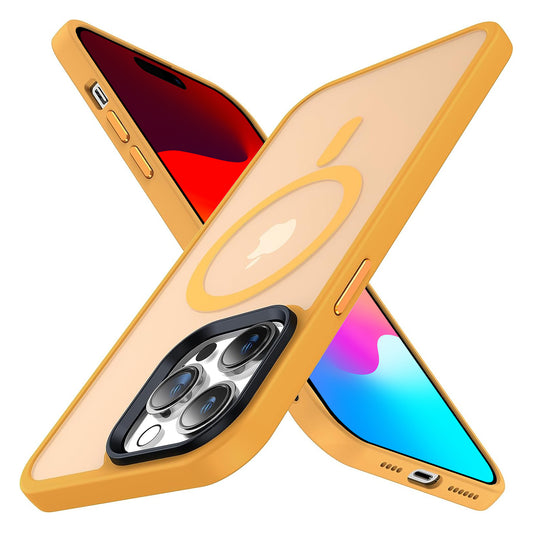 Zwei MR PROTECT iPhone 15 Pro MagSafe Case Matt-Hüllen in Orange von MR PROTECT bilden eine X-Form. Ihre leuchtenden Bildschirme heben das stoßdämpfende TPU-Silikon und die MagSafe-kompatiblen Aussparungen vor einem schlichten weißen Hintergrund hervor.