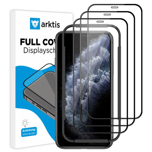 Drei ArktisPRO iPhone 11 Pro FULL COVER Displayschutz-Displayschutzfolien aus Glas mit hüllenfreundlichem Design und Verpackung.