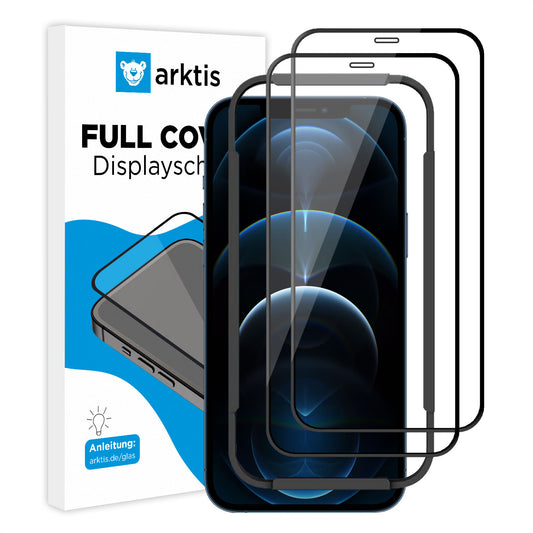 Neben einem Smartphone und der ArktisPRO-Verpackungsbox sind zwei ArktisPRO iPhone 12 Pro FULL COVER Displayschutz GLAS Displayschutzfolien (2er Set, hüllenfreundlich) abgebildet.