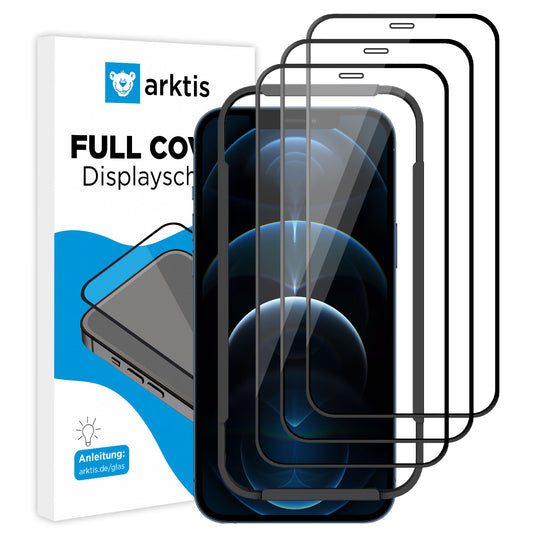 Drei kratzfeste ArktisPRO iPhone 12 Pro FULL COVER Displayschutzgläser (hüllenfreundlich) im Set, mit Arktis Verpackung im Hintergrund.