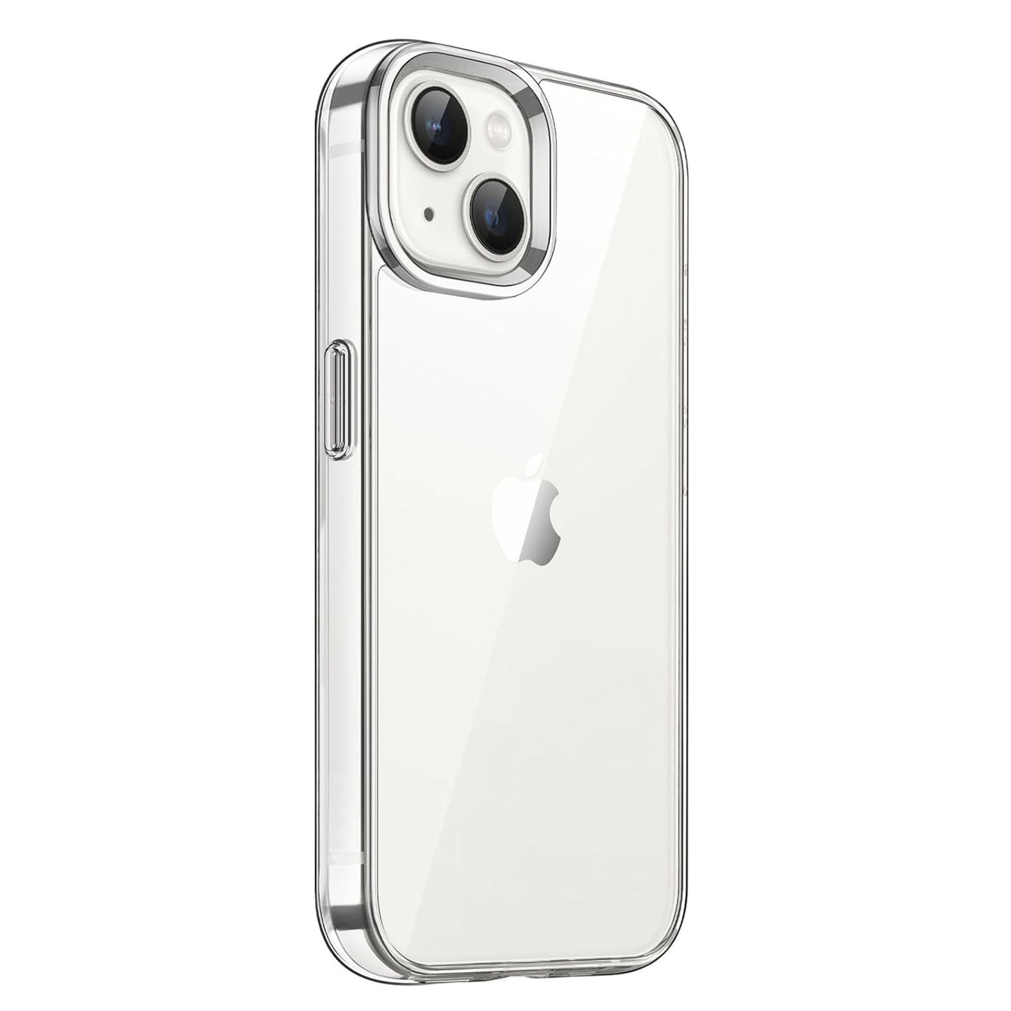 Aviato iPhone 13 CrystalGlass Schutzhülle: Klare TPU-Silikon-Hülle von Aviato, auf einem weißen iPhone 13 mit dualen Rückkameras schräg von hinten gezeigt.