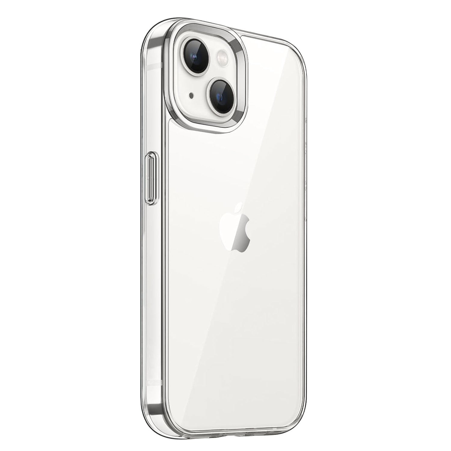 Aviato iPhone 13 CrystalGlass Schutzhülle: Klare TPU-Silikon-Hülle von Aviato, auf einem weißen iPhone 13 mit dualen Rückkameras schräg von hinten gezeigt.