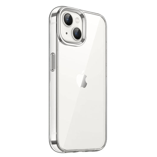Aviato iPhone 13 CrystalGlass Schutzhülle: Klare TPU-Silikon-Hülle von Aviato, auf einem weißen iPhone 13 mit dualen Rückkameras schräg von hinten gezeigt.