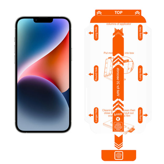 Ein iPhone liegt neben einer orange-weißen EZ.INSTALL-Box mit Schritt-für-Schritt-Anleitung, die das arktis 2er Set iPhone 13 mini REVOLUTION Glas-Displayschutz von arktis aus Aluminium-Silikatglas präsentiert.