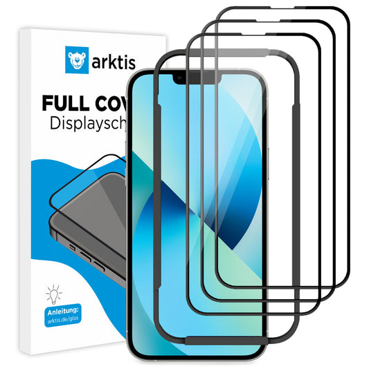 Neben einem Smartphone und der Markenverpackung mit Telefongrafiken und Anleitung werden drei hüllenfreundliche ArktisPRO iPhone 13 FULL COVER Displayschutz GLAS Displayschutzfolien abgebildet.