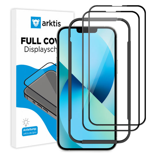Ein Smartphone mit Displayschutz wird neben zwei zusätzlichen ArktisPRO iPhone 13 FULL COVER Displayschutz GLAS (2er Set) angezeigt; die Verpackung auf der linken Seite hebt die Marke ArktisPRO und Funktionen wie Full Cover und 9H Härtegrad hervor.