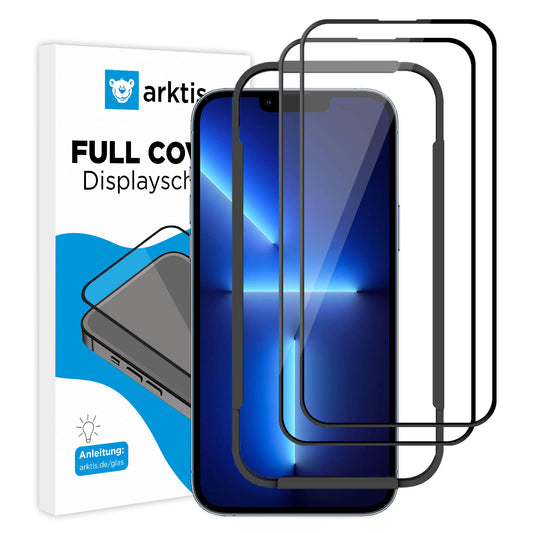 Zwei ArktisPRO iPhone 13 Pro Max FULL COVER Displayschutz-Gläser (2er Set, hüllenfreundlich, 9H Härte) liegen neben einem Smartphone und einer Box mit dem Aufdruck „Full Cover Displayschutz by arktis“.