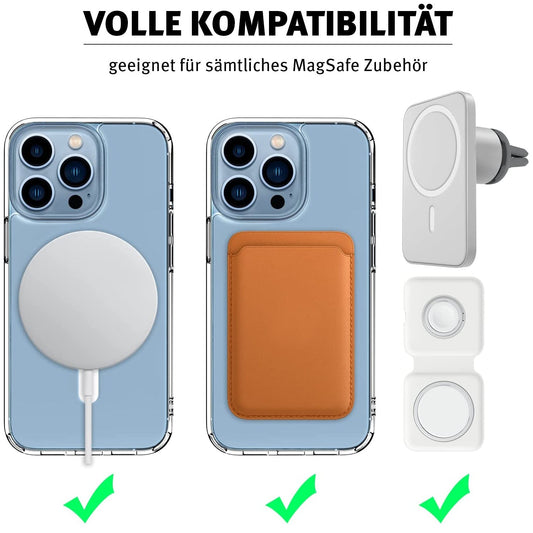 Bild zeigt drei iPhones mit MagSafe-Zubehör: Ladepad, Leder-Wallet, Autohalterung. Grüner Haken signalisiert volle MagSafe-Kompatibilität – ideal mit dem iCEO iPhone 15 Pro Crystal Case mit MagSafe (Transparent) von iCEO.