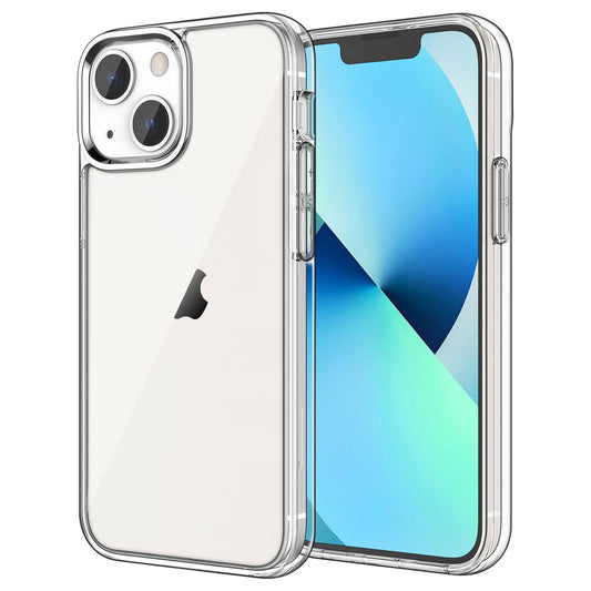 Die Aviato iPhone 13 CrystalGlass Schutzhülle von Aviato ist auf der Vorder- und Rückseite eines weißen iPhone 13 mit einem blauen Hintergrundbild abgebildet. Ihre TPU-Silikon-Kanten bieten dauerhaften Schutz und sorgen gleichzeitig für einen schlanken, minimalistischen Look.