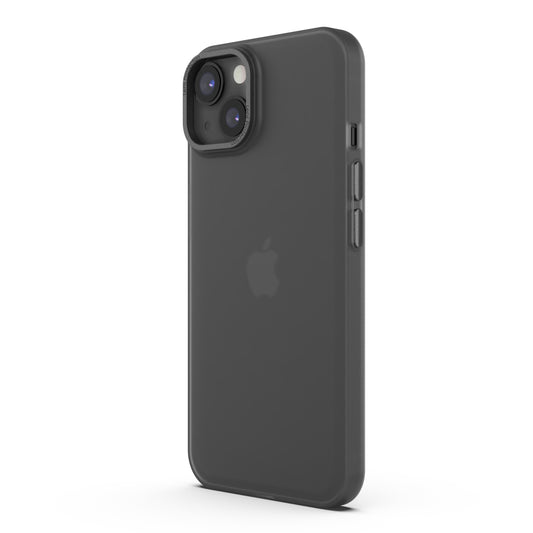 Das MR PROTECT iPhone 15 Plus FROZEN Case aus mattschwarzem Polycarbonat wird auf einem schwarzen iPhone mit zwei Rückkameras gezeigt, von der Rückseite aus schräg betrachtet.
