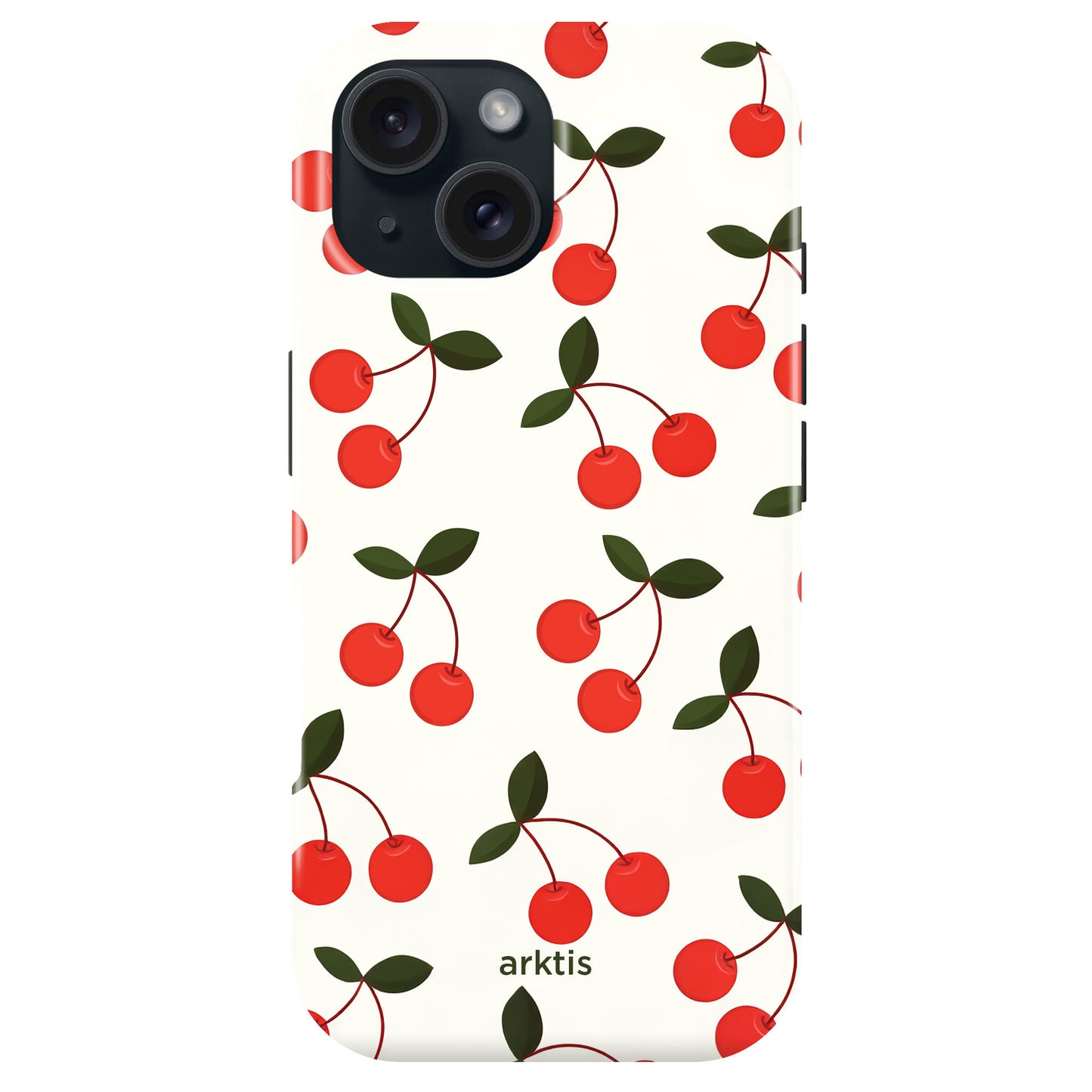Arktis iPhone 14 Hülle - Kirsche: Weiße Fashion-Hülle mit rotem Kirsch- und grünem Blätter-Design aus stoßabsorbierendem TPU-Silikon, MagSafe-kompatibel, arktis Logo am unteren Rand.