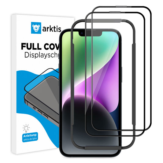 Zwei kratzfeste ArktisPRO iPhone 14 Plus FULL COVER Displayschutz GLAS mit oleophober Schicht und Verpackung liegen neben einem Smartphone mit farbenfrohem Display.
