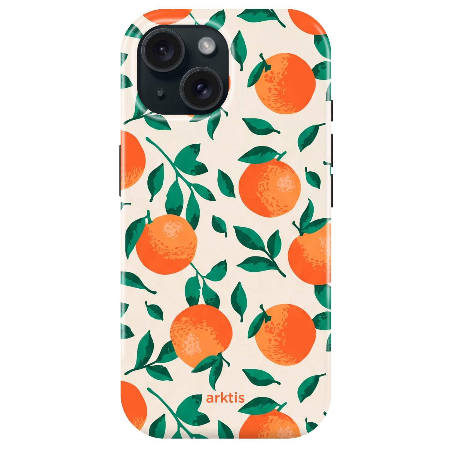 Die arktis iPhone 15 Hülle - Orange Tree zeigt ein orangefarbenes Frucht- und grünes Blattdesign auf hellem Hintergrund, gefertigt aus TPU-Silikon und MagSafe kompatibel für einfaches kabelloses Laden.