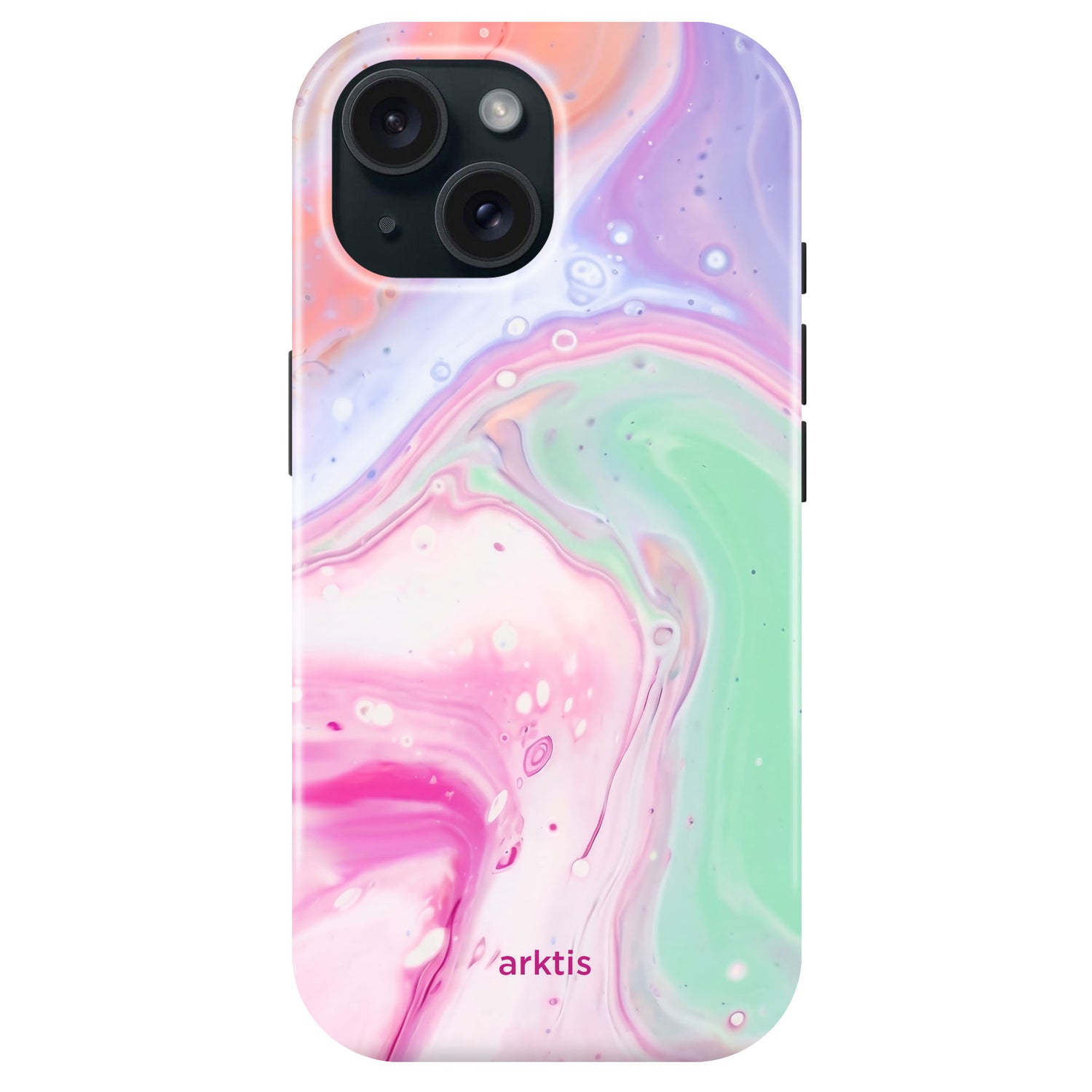 Die arktis iPhone 15 Hülle - Neo Marble von arktis zeichnet sich durch ein pastellfarbenes Wirbeldesign in Pink, Grün, Lila und Weiß aus. Hergestellt aus TPU-Silikon Case Material, ist sie MagSafe kompatibel für bequemes kabelloses Laden.