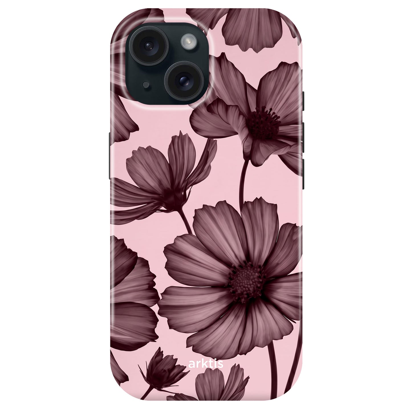 Die arktis iPhone 14 Hülle - Bloom Case besticht durch große, dunkelviolette Blumen auf zartrosa TPU-Silikon, ist MagSafe-kompatibel und trägt das arktis-Logo am unteren Rand.