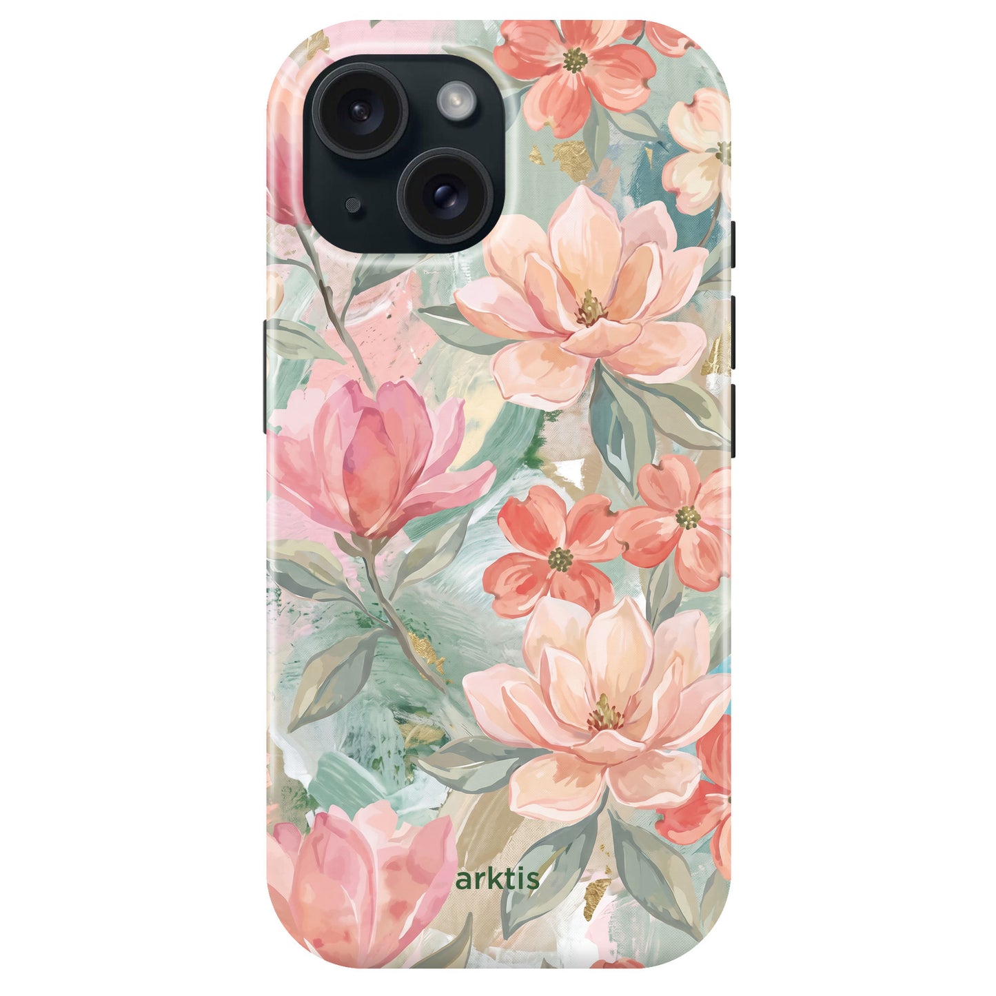 Die arktis iPhone 15 Hülle - Pastel Flowers zeigt rosa und pfirsichfarbene Blumen mit grünen Blättern, ist aus TPU-Silikon gefertigt, hat ein arktis Branding und ist MagSafe kompatibel für einfaches kabelloses Laden.