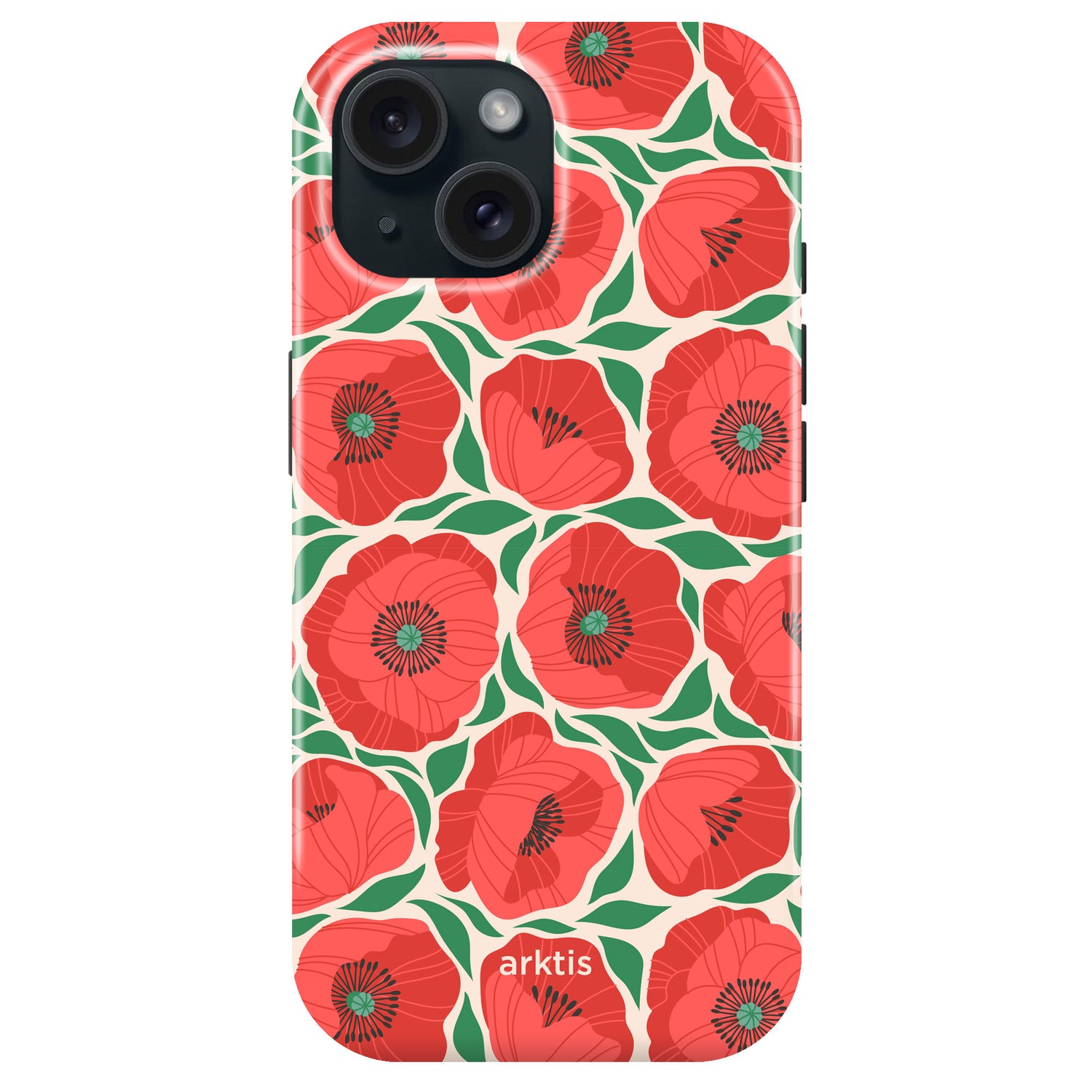 Die arktis iPhone 14 Hülle - Summer Garden von arktis zeigt rote Mohnblumen und grüne Blätter auf einer cremefarbenen TPU-Silikonhülle, ist MagSafe-kompatibel und trägt den Schriftzug arktis" auf der Unterseite.