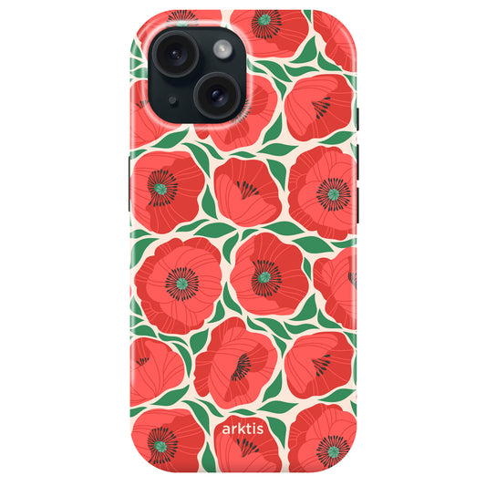 Die arktis iPhone 14 Hülle - Summer Garden von arktis zeigt rote Mohnblumen und grüne Blätter auf einer cremefarbenen TPU-Silikonhülle, ist MagSafe-kompatibel und trägt den Schriftzug arktis" auf der Unterseite.
