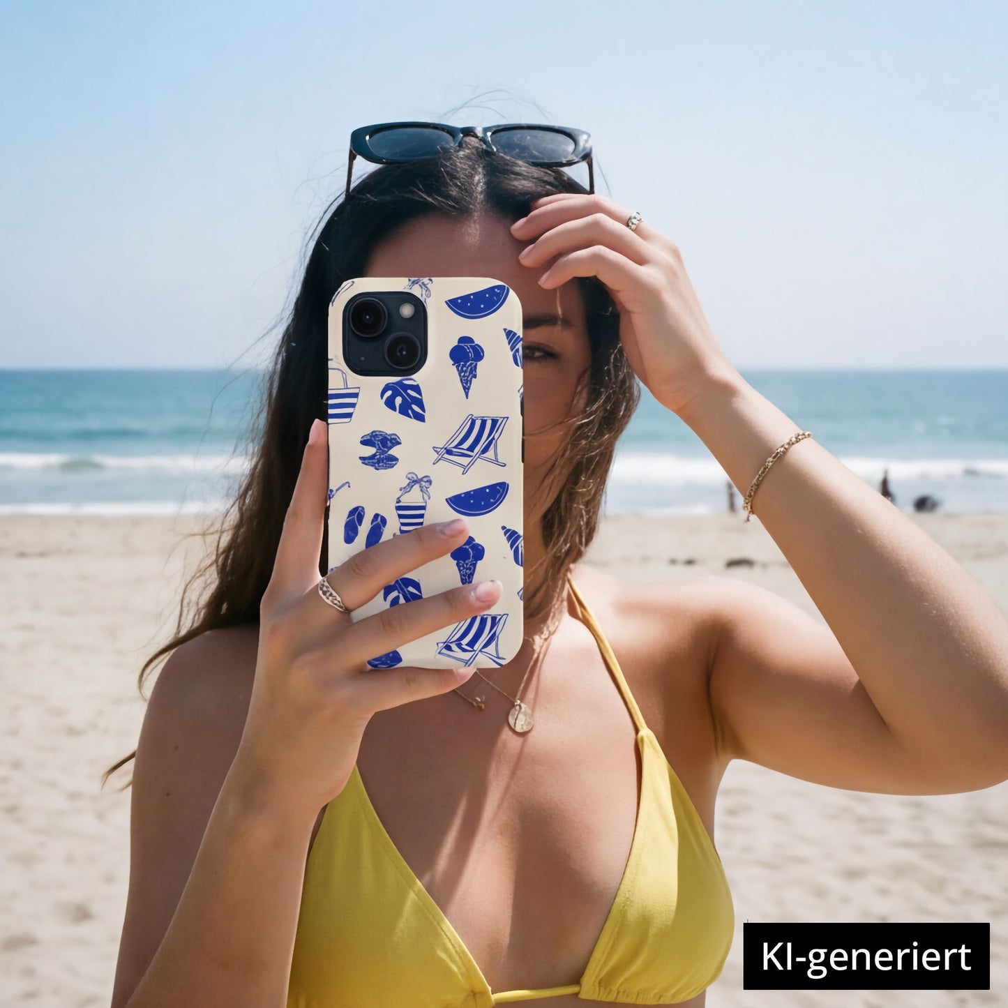 Eine Frau im gelben Bikini macht ein Selfie am Strand, in der Hand die arktis iPhone 14 Hülle - Beach Style von arktis mit stoßabsorbierendem TPU-Silikon und MagSafe-Kompatibilität; im Hintergrund ist das Meer zu sehen. KI-generiert.