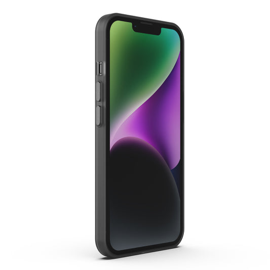 Das MR PROTECT iPhone 14 FROZEN Case von MR PROTECT zeigt sich in durchscheinendem Polycarbonat auf einem modernen Smartphone mit schwarzem Rahmen und einem farbenfrohen abstrakten Hintergrundbild, wobei die Tasten auf der linken Seite sichtbar sind.