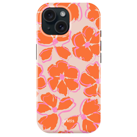 Arktis iPhone 15 Hülle - Orange Malve: MagSafe-kompatible Schutzhülle aus stoßabsorbierendem TPU-Silikon mit großen orange- und pinkfarbenen Blüten auf hellrosa Hintergrund; arktis Logo am unteren Rand.