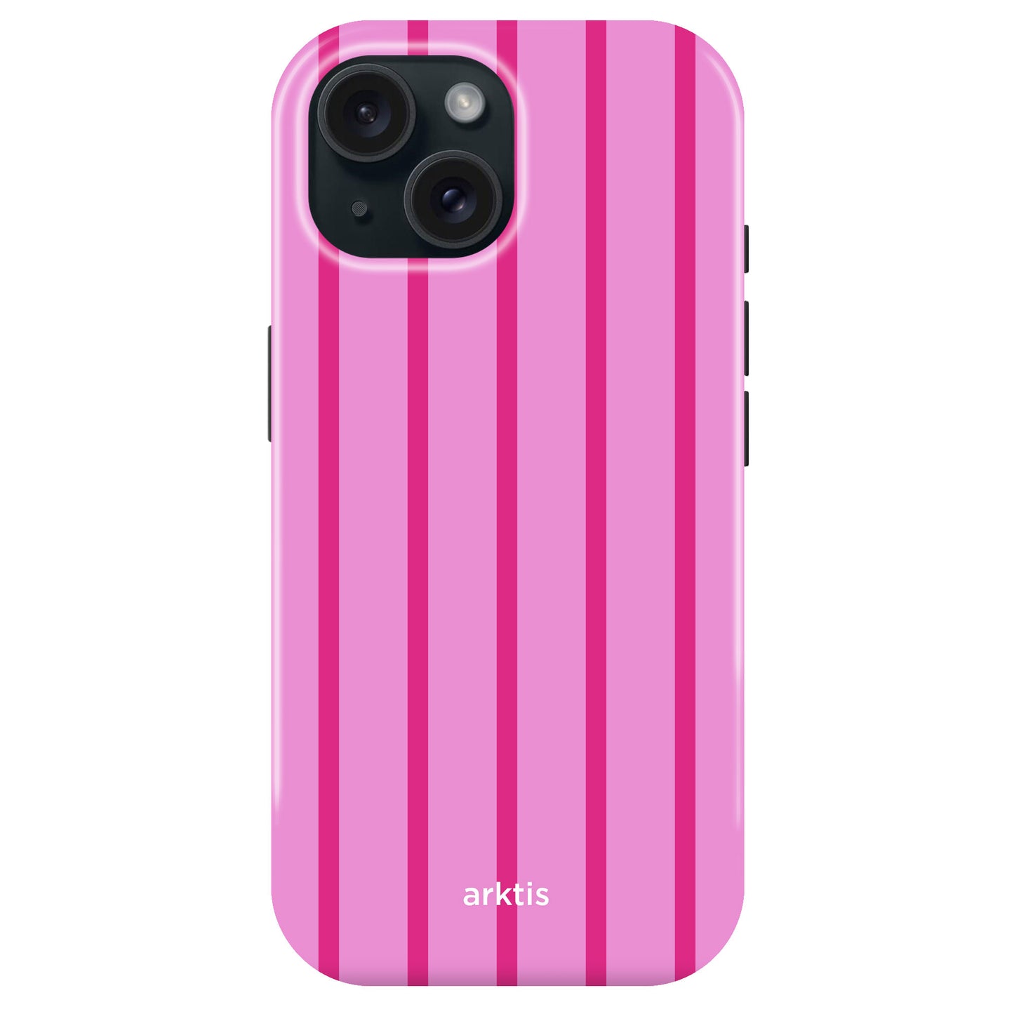 Die arktis iPhone 14 Hülle - Lady Stripes bietet ein pinkes Design mit dunkelrosa Streifen, "arktis" Branding, stoßabsorbierendes TPU-Silikon, MagSafe-Kompatibilität und ist die perfekte stylische Schutzhülle.
