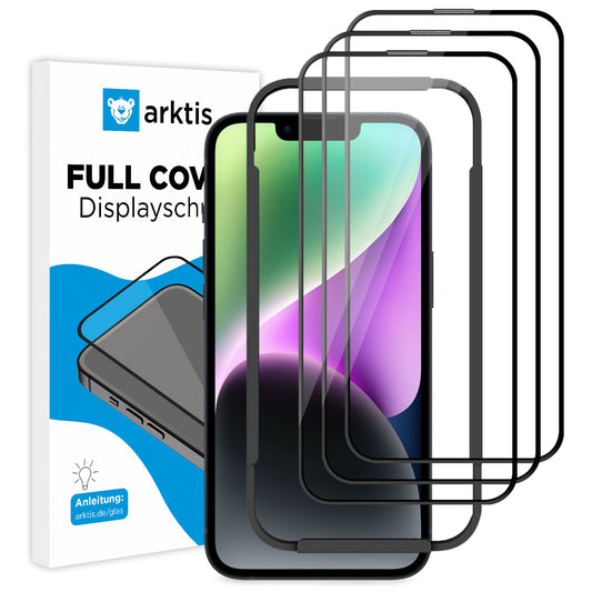 Abgebildet sind drei schwarz umrandete ArktisPRO iPhone 14 FULL COVER Displayschutz GLAS Displayschutzfolien (hüllenfreundlich, 9H Härtegrad, oleophobe Schicht) mit Smartphone und ArktisPRO-Verpackung.