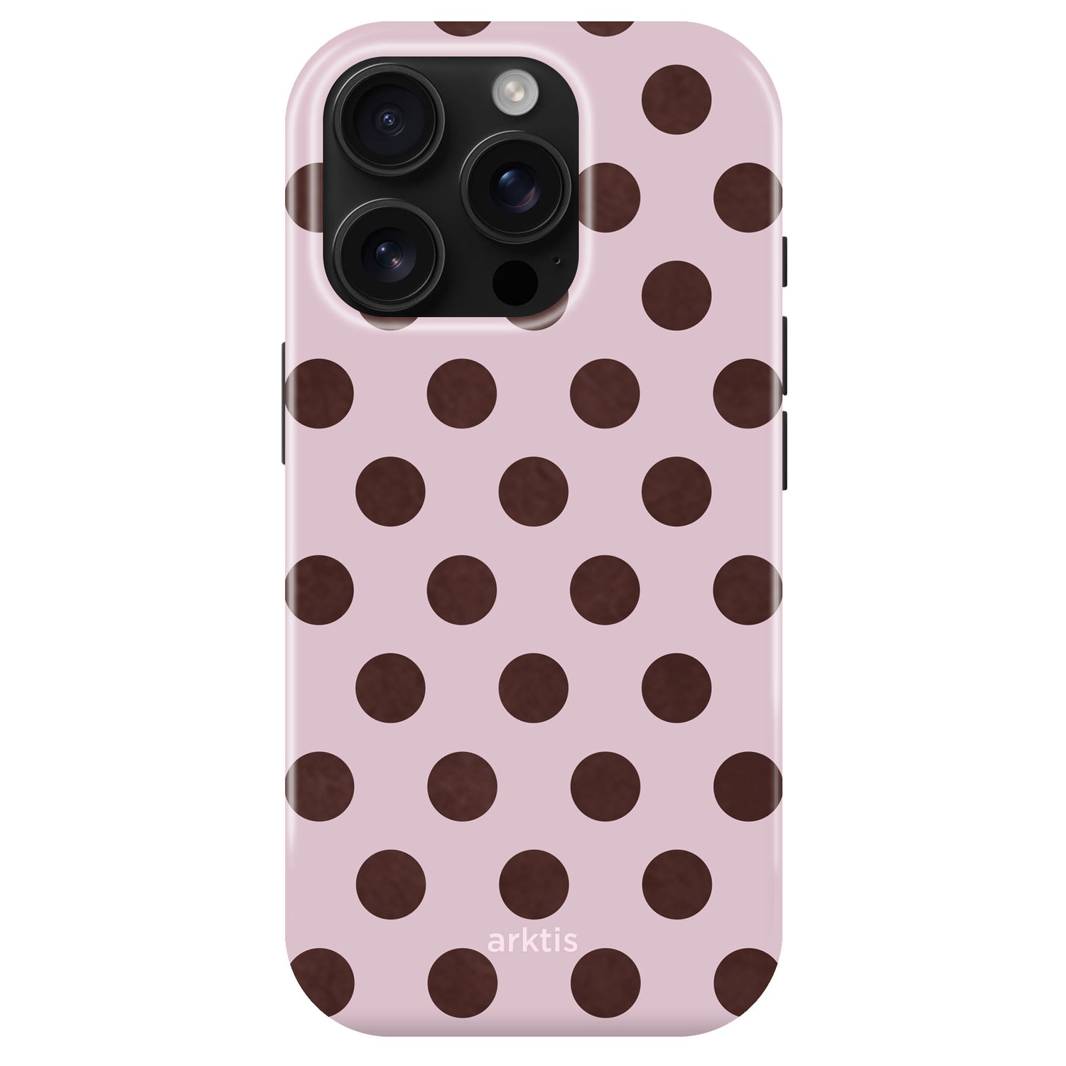 Arktis iPhone 14 Pro Max Hülle - Sweetie: Pinke Hülle mit dunkelbraunen Polka Dots und arktis-Logo unten. Aus stoßabsorbierendem TPU-Silikon gefertigt, MagSafe-kompatibel.