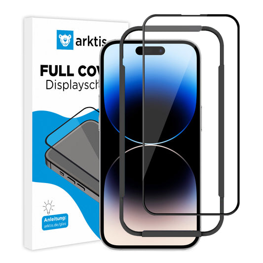 Neben einem Smartphone und zwei kratzfesten Displayschutzfolien mit schwarzem Rand ist eine weiße, blau akzentuierte Box mit der Aufschrift „ArktisPRO iPhone 14 Pro FULL COVER Displayschutz GLAS“ und einem abgebildeten Bären abgebildet. Marke: ArktisPRO.