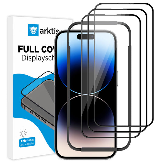Neben einem Smartphone und der ArktisPRO-Verpackung werden drei ArktisPRO iPhone 14 Pro FULL COVER Displayschutz GLAS Displayschutzfolien (hüllenfreundlich) abgebildet, die mit starker 9H-Härte für optimalen Displayschutz sorgen.