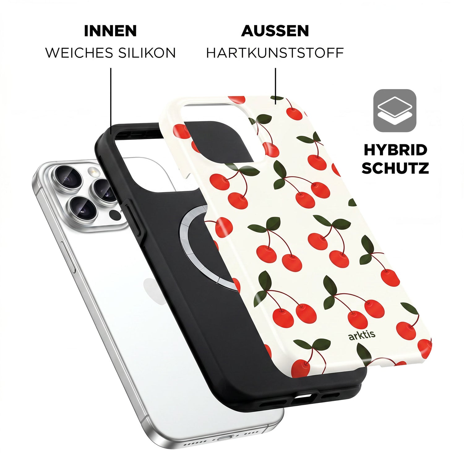 Explosionszeichnung der arktis iPhone 14 Pro Max Hülle - Cherry, MagSafe-kompatibel, mit beschriftetem stoßabsorbierendem TPU-Silikon-Innenmaterial und Hartplastik-Außenhülle von arktis.
