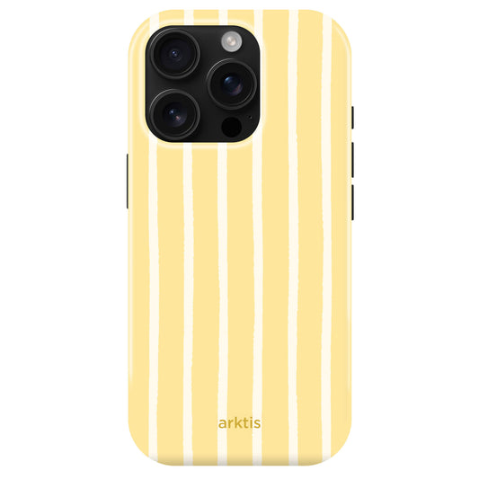Die arktis iPhone 14 Pro Max Hülle - Sunny Stripes besticht durch gelbe TPU-Silikon-Hülle mit vertikalen weißen Streifen, stoßabsorbierend, mit "arktis"-Schriftzug und MagSafe-kompatibel für kabelloses Laden.