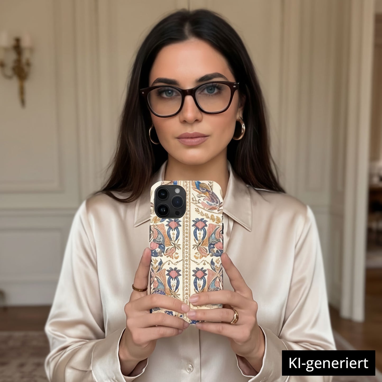 Frau mit Brille in einer Seidenbluse hält ihr Telefon, geschützt durch die arktis iPhone 14 Hülle - Peacock Palace aus stoßabsorbierendem TPU-Silikon, MagSafe kompatibel. Drinnen. KI-generiert.