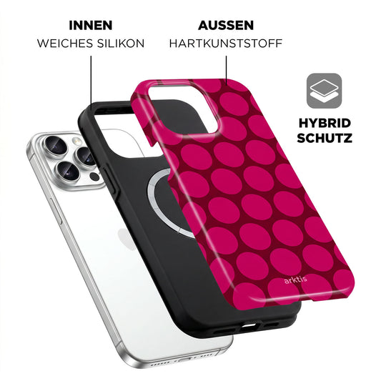 Explosionszeichnung der arktis iPhone 14 Pro Max Hülle - Polka Dots: MagSafe kompatibel, mit stoßabsorbierendem TPU-Silikon-Innenlayer und pink gepunkteter harter Kunststoff-Außenschale.