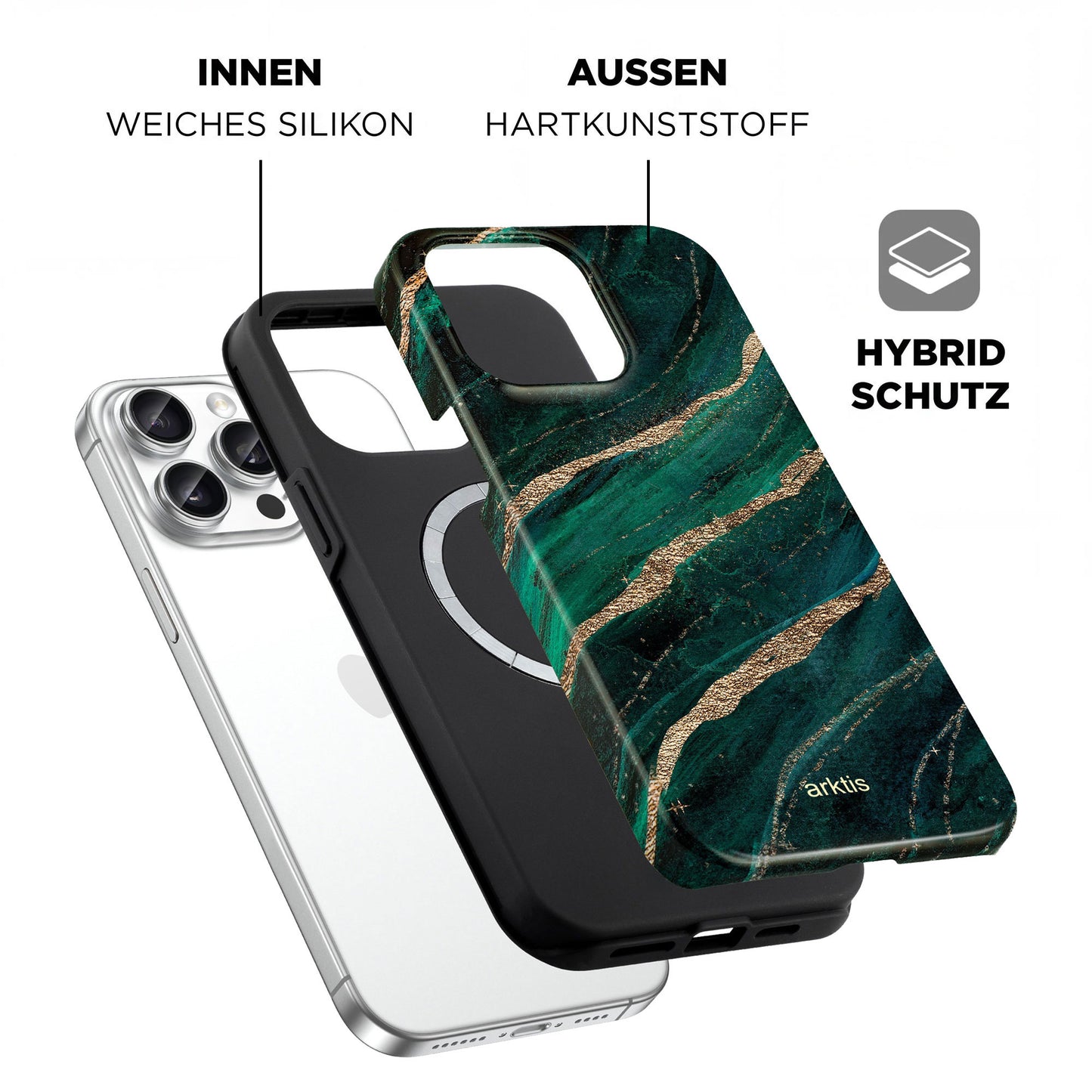 Explosionszeichnung der arktis iPhone 14 Pro Max Hülle - Green Marble: mit weichem, stoßabsorbierendem TPU-Silikonkern und harter Kunststoffschale in grüner Marmoroptik. MagSafe-kompatibel für kabelloses Laden. Marke: arktis.
