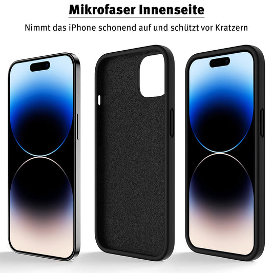 Abgebildet sind drei iPhones und eine schwarze iCEO iPhone 15 Pro Silikonhülle, wobei deutscher Text den Kratzschutz und die kabellosen Ladefunktionen der Hülle hervorhebt.