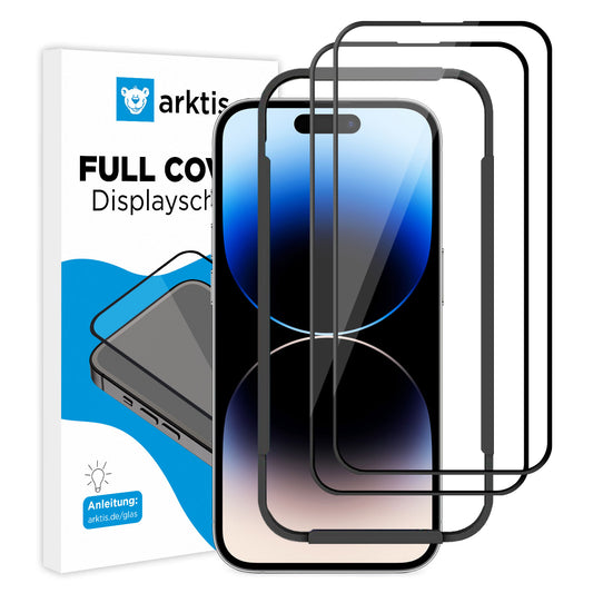 Ein iPhone 14 Pro mit zwei hüllenfreundlichen ArktisPRO FULL COVER Displayschutz GLAS Displayschutzfolien (9H Härtegrad) in einer Box mit der Aufschrift ArktisPRO iPhone 14 Pro Displayschutz, 2er Set.
