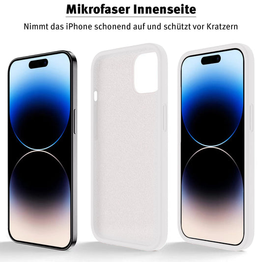 Drei iPhones und das iCEO iPhone 15 Pro Silikon Case von iCEO zeichnen sich durch ihre Mikrofaser-Innenseite, Kratzschutz und Unterstützung für kabelloses Laden für Ihren Komfort aus.