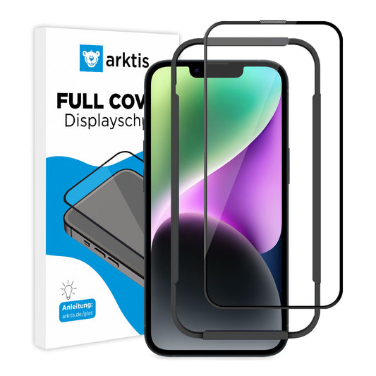 Abgebildet ist ein iPhone 14 mit brillantem Display neben zwei kratzfesten ArktisPRO FULL COVER GLAS Displayschutzfolien mit schwarzem Rand. Links ist ein weißer Kasten mit der Aufschrift „ArktisPRO iPhone 14 Displayschutz GLAS“ zu sehen.