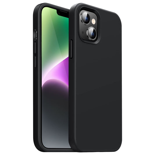 Das iCEO iPhone 15 Silikon Case von iCEO in schlankem Schwarz schützt Ihr Gerät, zeigt Vorder- und Rückansicht auf farbigem Display und unterstützt kabelloses Laden für komfortable Nutzung.