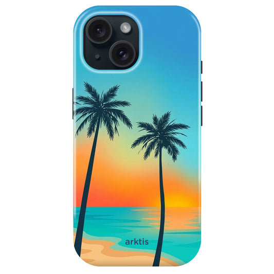 Die arktis iPhone 14 Hülle - Sunset Beach zeigt zwei Palmen vor einem orange-blauen Himmel, ist MagSafe-kompatibel und aus stoßabsorbierendem TPU-Silikon - stylischer Schutz deiner Marke arktis.