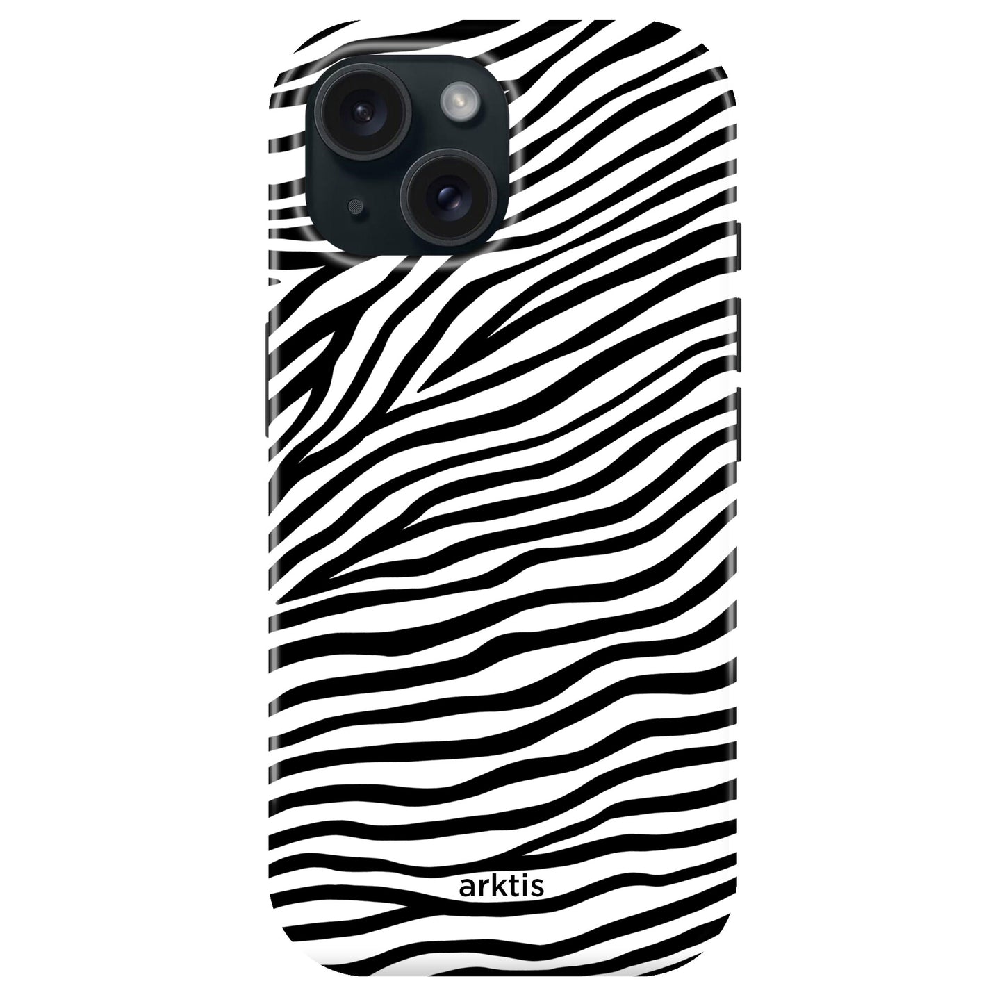 Die arktis iPhone 15 Hülle - Zebra verfügt über ein schwarz-weißes Zebramuster, arktis Logo, stoßdämpfendes TPU-Silikonmaterial und ist MagSafe kompatibel.
