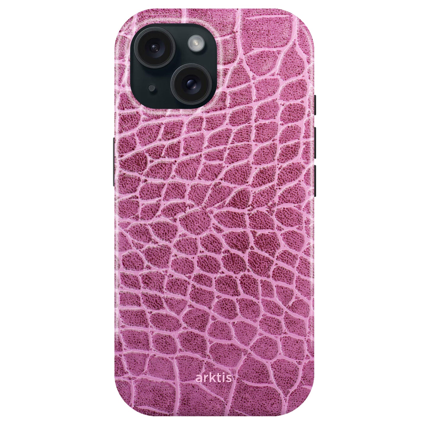 Die arktis iPhone 15 Hülle - Pink Lizard von arktis ist MagSafe-kompatibel, besteht aus stoßabsorbierendem TPU-Silikon und hat ein pinkes, texturiertes Reptilienhaut-Design.