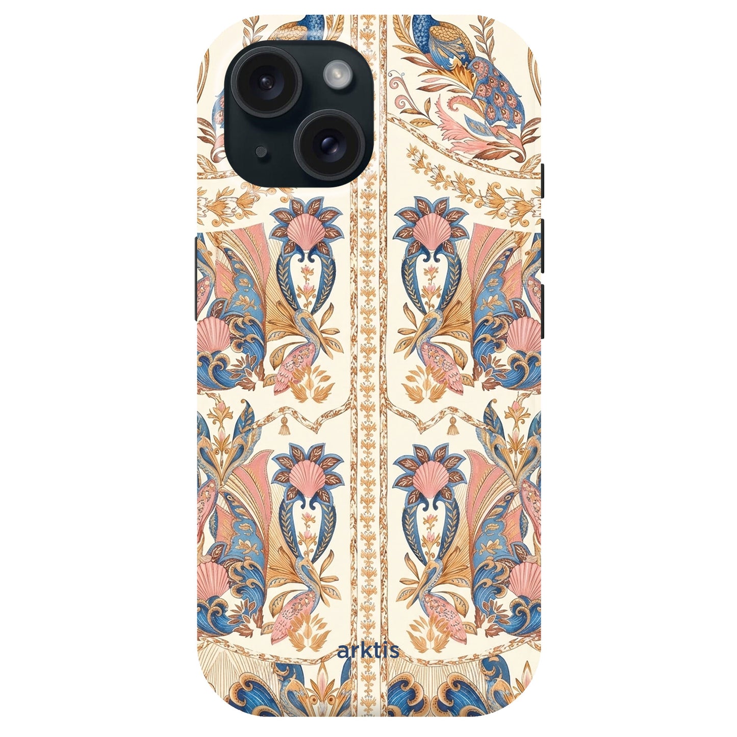 Die arktis iPhone 14 Hülle - Peacock Palace besticht mit floralem und Paisley-Muster in Blau, Pink und Gold auf cremefarbenem Grund. Gefertigt aus stoßabsorbierendem TPU-Silikon, MagSafe-kompatibel.
