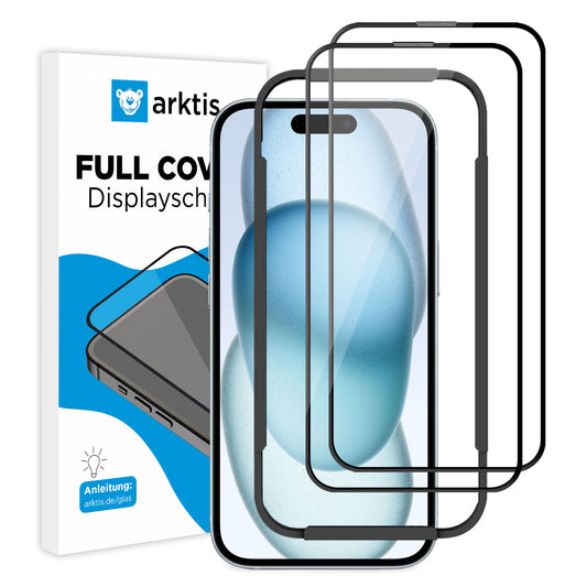 Zwei ArktisPRO iPhone 15 FULL COVER Displayschutz GLAS mit 9H Härte und oleophober Schicht – hüllenfreundlich und sicher verpackt im praktischen 2er Set.