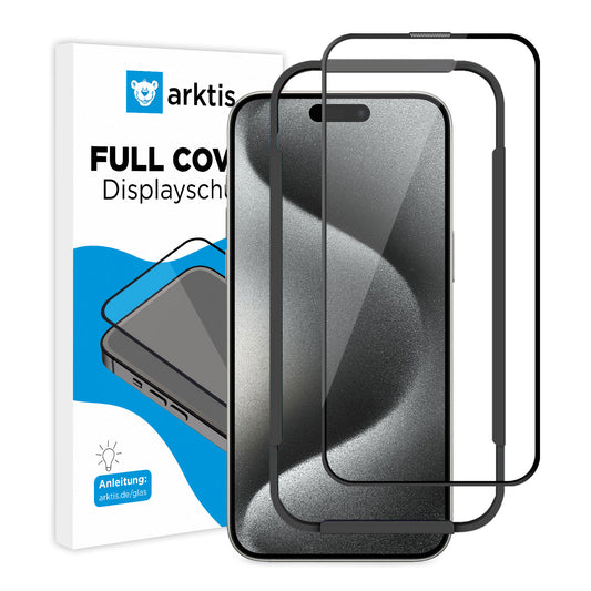 Ein iPhone mit zwei ArktisPRO iPhone 15 Pro Max FULL COVER Displayschutz GLAS Displayschutzfolien auf der Vorderseite und einer blau-weißen „ArktisPRO“-Box daneben. Das Set besteht aus gehäusefreundlichem, kratzfestem Glas mit einer oleophoben Beschichtung.