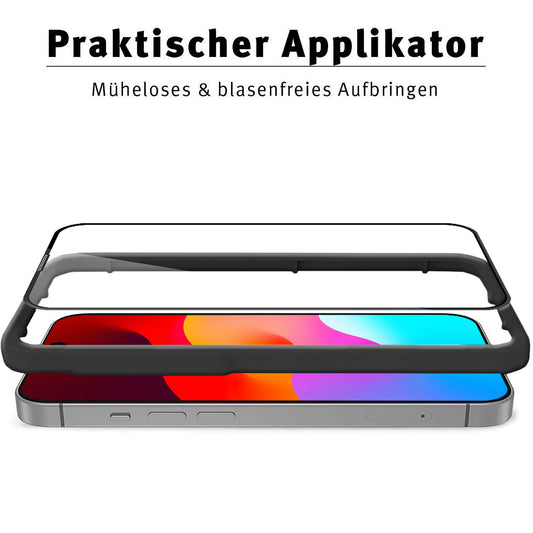 Über einem iPhone 15 Pro Max mit lebendigem Display ist ein schwarzer Displayschutz-Applikator abgebildet, perfekt für das ArktisPRO iPhone 15 Pro Max PREMIUM Sparpaket von arktis.de. Deutscher Text: Praktischer Applikator, Müheloses & blasenfreies Aufbringen.