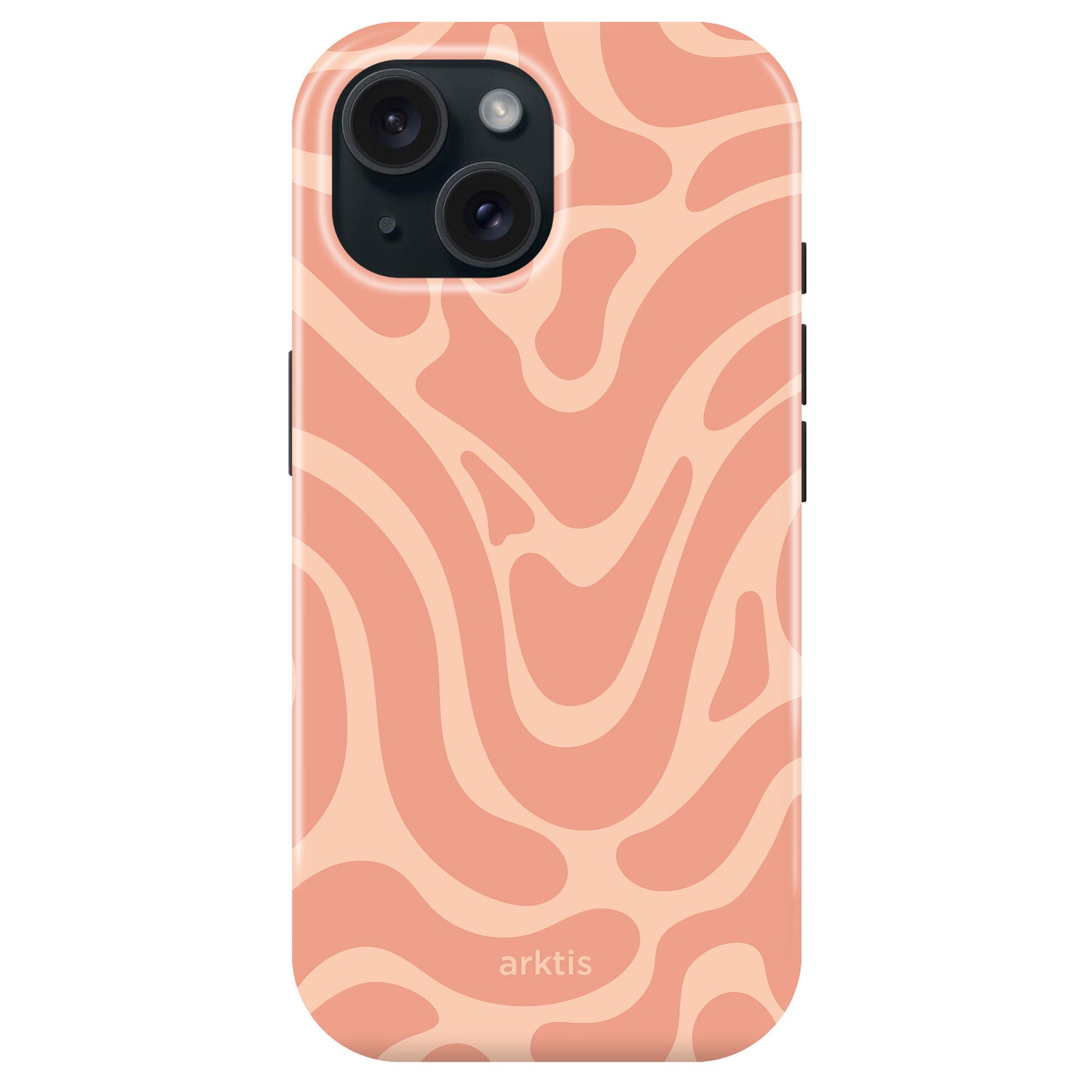 Die arktis iPhone 15 Hülle - Curly ist eine pfirsichfarbene Hülle mit abstraktem Wellendesign aus stoßabsorbierendem TPU-Silikon. Sie ist MagSafe-kompatibel und trägt das "arktis"-Logo auf der Unterseite.