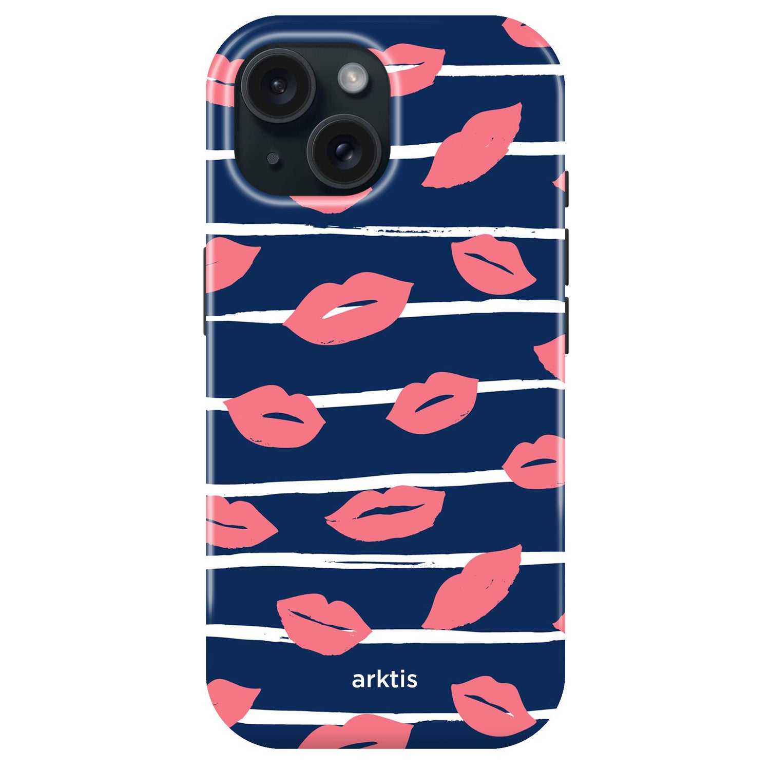 Die arktis iPhone 15 Hülle - Kisses hat ein navyfarbenes Design mit rosa Lippen und weißen Streifen, ist aus TPU-Silikon gefertigt und mit arktis gebrandet. MagSafe-kompatibel für mühelose Nutzung.